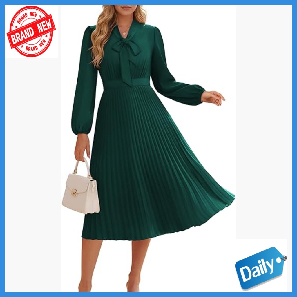 Long Sleeve V-Neck Pleated A-Line Midi Dress, Business Casual Flowy